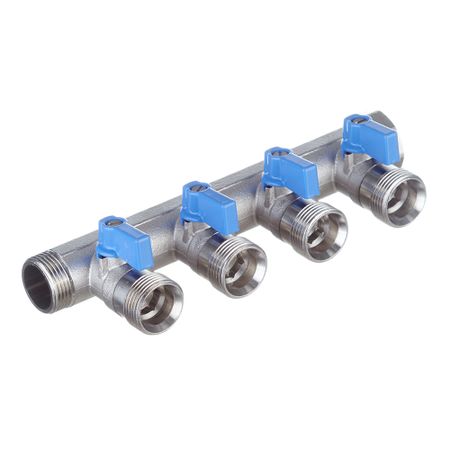 Коллектор Henco 3/4 ВР(г) х 4 выхода 3/4 НР(ш) ЕК х 3/4 НР(ш) с шаровыми кранами (VB050504-BLAUW) заливная горловина радиатора прочная медная сварная запасная часть для системы охлаждения автомобиля разъем входа выхода oem spec