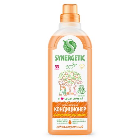 Кондиционер-ополаскиватель для белья Synergetic Цитрусовая фантазия гипоаллергенный, 1 л, 33 стирки
