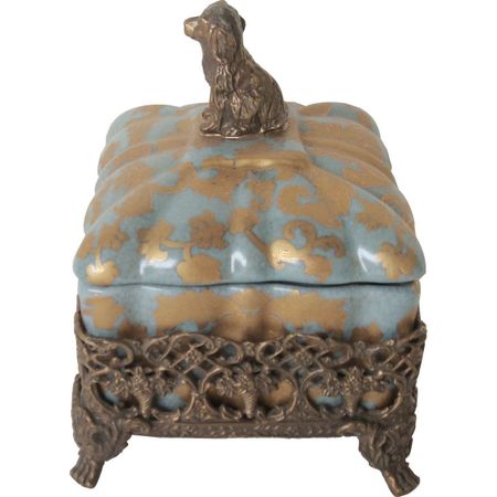 Шкатулка Glasar синяя на бронзовой плетенной подставке с ножками и собачкой 12х11х12 см