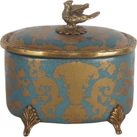 Шкатулка Glasar синяя с бронзовой птичкой на крышке и на ножках, 13х10х12 см