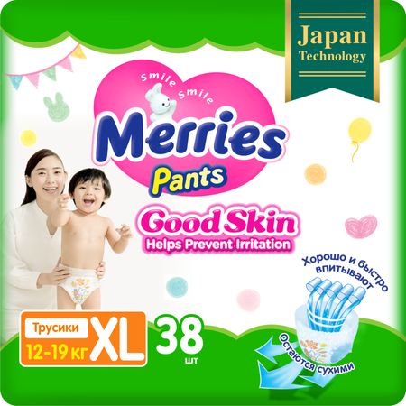 Подгузники-трусики Merries Good skin XL / 5 (12-19кг), 38 шт, по японским технологиям