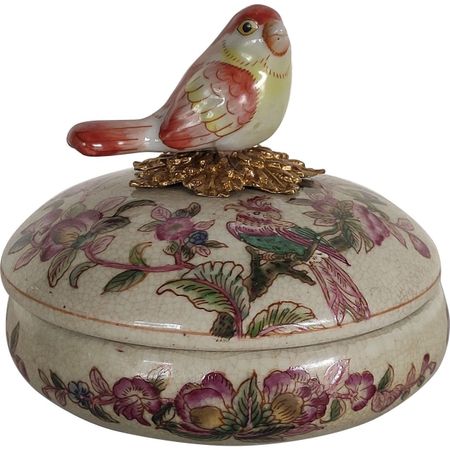 Шкатулка Glasar бежевая с розовым узором и птичкой 11x11x10 см
