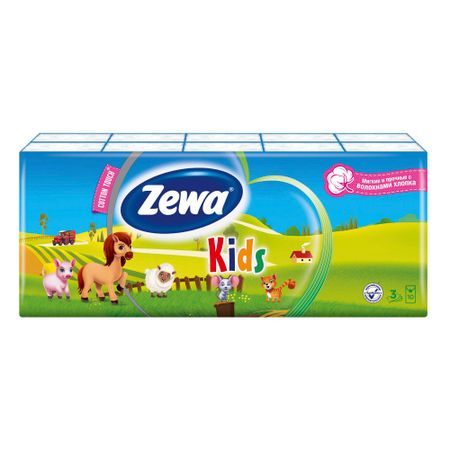Детские Платочки Бумажные Носовые Zewa Kids, 3 слоя, 10 шт