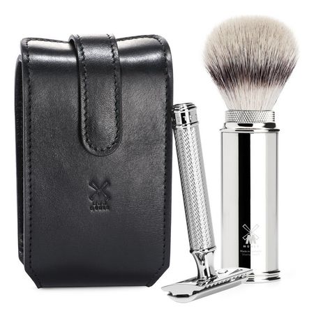 Набор RT 3 F (Т-образная бритва, хром + помазок фибра высшей категории Silvertip, хром + кожаный черный чехол)