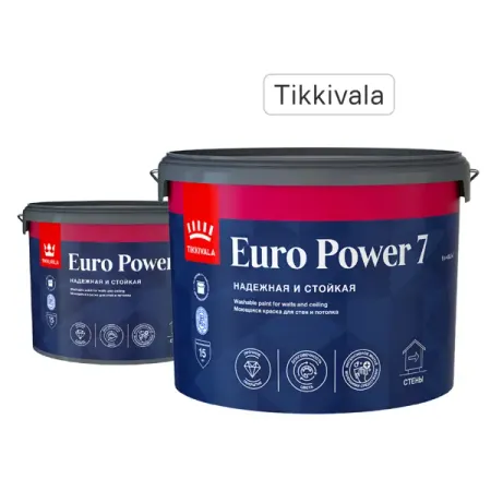 Краска для стен и потолков Tikkivala Euro Power 7 моющаяся матовая цвет белый база А 9 л