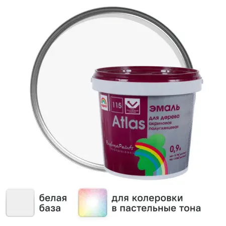 Эмаль акриловая Радуга Атлас 115 полуглянцевая цвет белый 0.9 л