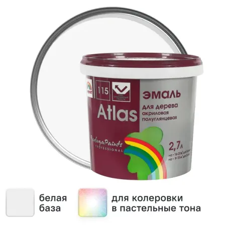 Эмаль Радуга Атлас 115 акриловая полуглянцевая цвет белый 2.7 л