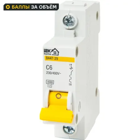 Автоматический выключатель IEK Home ВА47-29 1P C6 А 4.5 кА мини автоматический выключатель tomzn tob1 63c 6 63a
