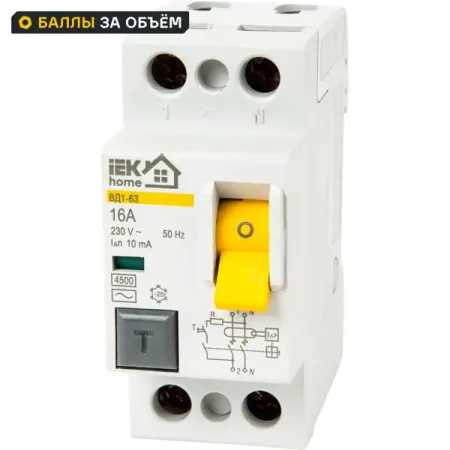 УЗО Iek Home ВД1-63 1P N 16 A 10 мА 4.5 кА AC MDV10-2-016-010