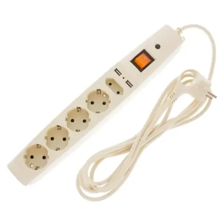 Сетевой фильтр Эра SFU 5 розеток с заземлением 3x0.75 мм 2 USB 2200 Вт 3 м цвет бежевый