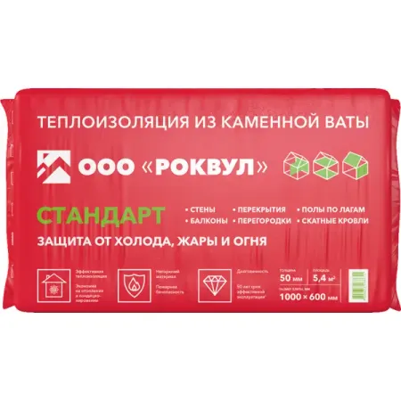 Утеплитель Роквул Стандарт 50 мм 9 шт 600x1000 мм 5.4 м²