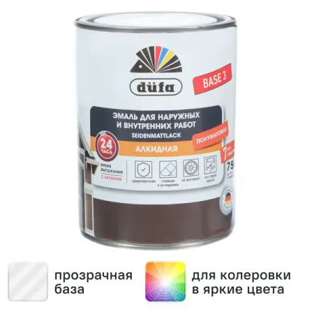Эмаль Dufa Металл Дерево Пластик полуматовая прозрачная база 3 0.75 л