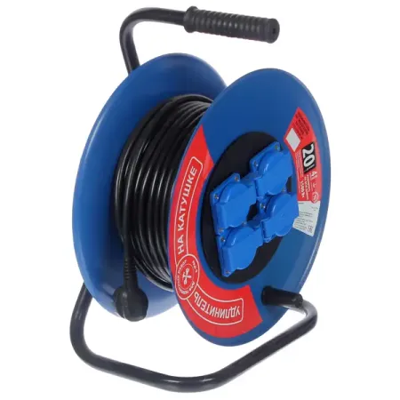 Удлинитель на катушке 4 розетки с заземлением 3x1.5 мм 20 м цвет черный/синий