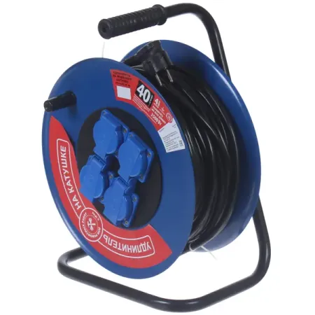 Удлинитель на катушке 4 розетки с заземлением 3x1.5 мм 40 м цвет черный/синий