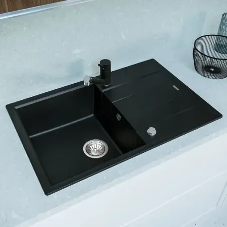 Мойка для кухни врезная с крылом Delinia 78x51 см глубина чаши 20 см кварц цвет чёрный