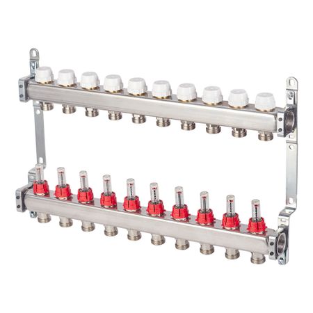Коллекторная группа с расходомерами нержавеющая сталь Stout 1 ВР(г) х 10 выходов 3/4 НР(ш) ЕК х 1 ВР(г)