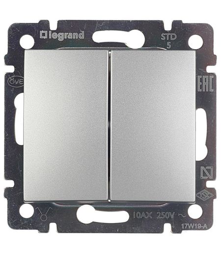 Выключатель Legrand Valena двухклавишный встраиваемый алюминий (694337)