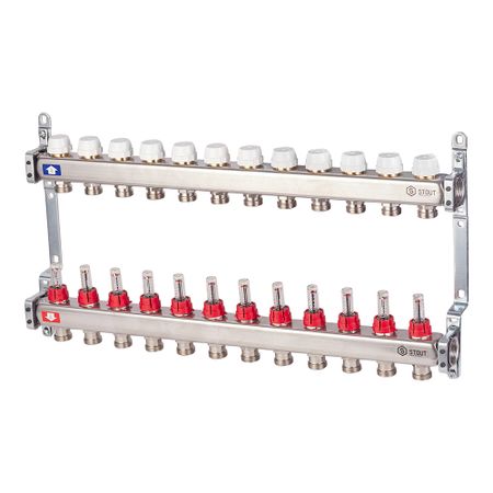 Коллекторная группа с расходомерами нержавеющая сталь Stout 1 ВР(г) х 12 выходов 3/4 НР(ш) ЕК х 1 ВР(г) коллекторная группа с расходомерами ридан ssm 5rf 1 вр г х 5 выходов 3 4 нр ш ек х 1 вр г