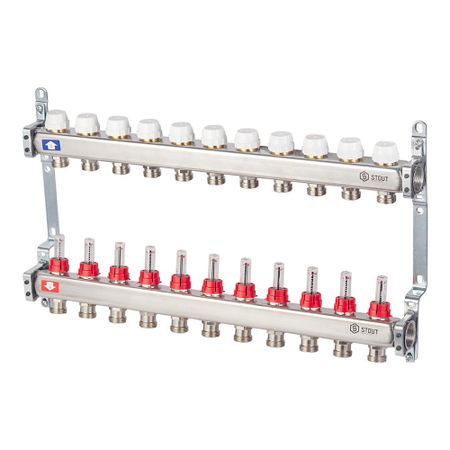 Коллекторная группа с расходомерами нержавеющая сталь Stout 1 ВР(г) х 11 выходов 3/4 НР(ш) ЕК х 1 ВР(г) коллекторная группа с расходомерами ридан ssm 5rf 1 вр г х 5 выходов 3 4 нр ш ек х 1 вр г