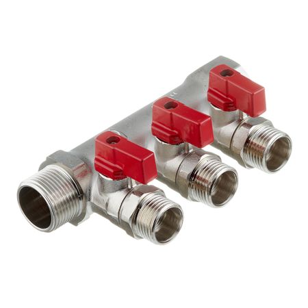 Коллектор Valtec 3/4 ВР(г) х 3 выхода 1/2 НР(ш) х 3/4 НР(ш) с шаровыми кранами (VTc.580.N.0503) владимир филиппович борисенко электромеханические системы транспортирующих механизмов монография