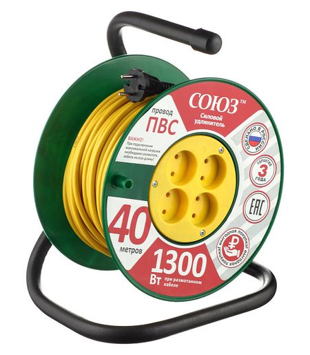 Удлинитель Союз без заземления 40 м на катушке 1,3 кВт 4 розетки ПВС 2х0,75 кв.мм IP20