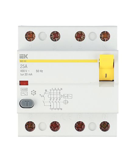 УЗО IEK Karat ВД1-63 25А 3P+N тип AC 30 мА 4,5 кА (MDV10-4-025-030)