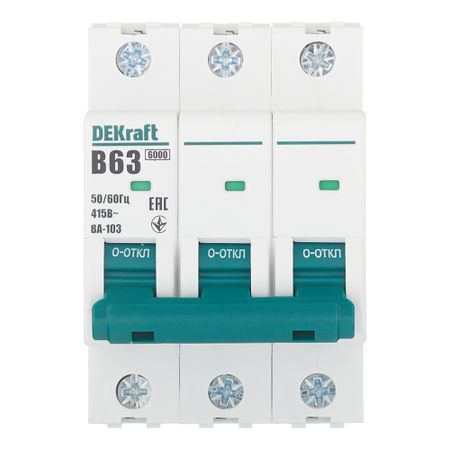 Автоматический выключатель модульный Dekraft BA-103 3P 63А тип B 6 кА 230/400 В (12247DEK) автоматический выключатель модульный dekraft ва 201 2p 100а тип c 10 ка 220 в 13006dek