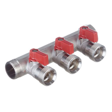 Коллектор Henco 3/4 ВР(г) х 3 выхода 3/4 НР(ш) ЕК х 3/4 НР(ш) с шаровыми кранами (VB050503-ROOD) заливная горловина радиатора прочная медная сварная запасная часть для системы охлаждения автомобиля разъем входа выхода oem spec