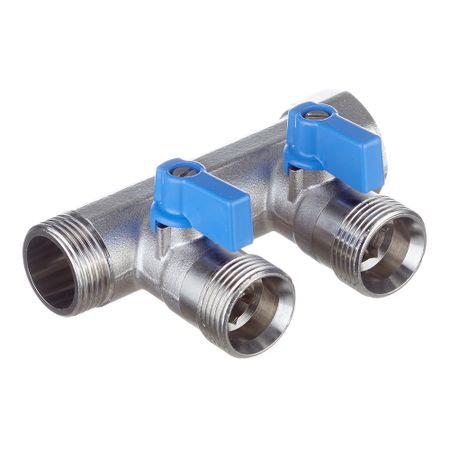 Коллектор Henco 3/4 ВР(г) х 2 выхода 3/4 НР(ш) ЕК х 3/4 НР(ш) с шаровыми кранами (VB050502-BLAUW) заливная горловина радиатора прочная медная сварная запасная часть для системы охлаждения автомобиля разъем входа выхода oem spec