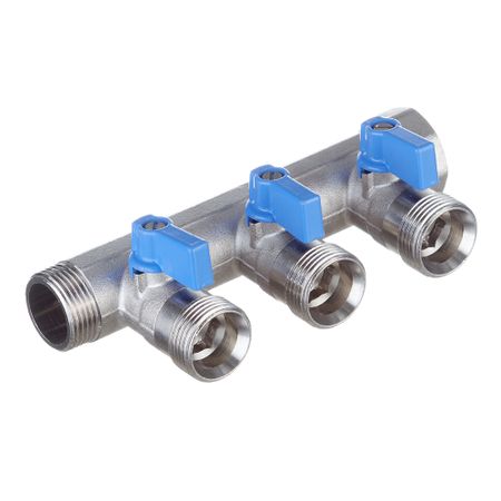 Коллектор Henco 3/4 ВР(г) х 3 выхода 3/4 НР(ш) ЕК х 3/4 НР(ш) с шаровыми кранами (VB050503-BLAUW) заливная горловина радиатора прочная медная сварная запасная часть для системы охлаждения автомобиля разъем входа выхода oem spec