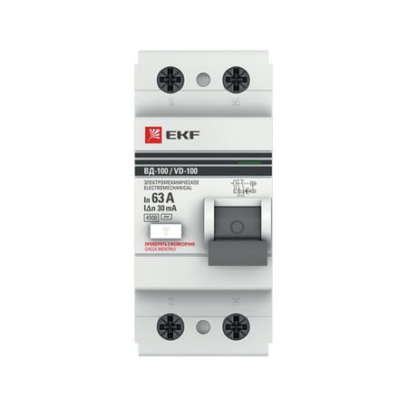 УЗО EKF PROxima ВД-100 63А 2P тип AC 30 мА 4,5 кА (elcb-2-63-30-em-pro)