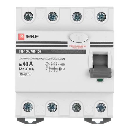 УЗО EKF PROxima ВД-100 40А 3P+N тип AC 30 мА 4,5 кА компактное (elcb-4-40-30-em-pro)