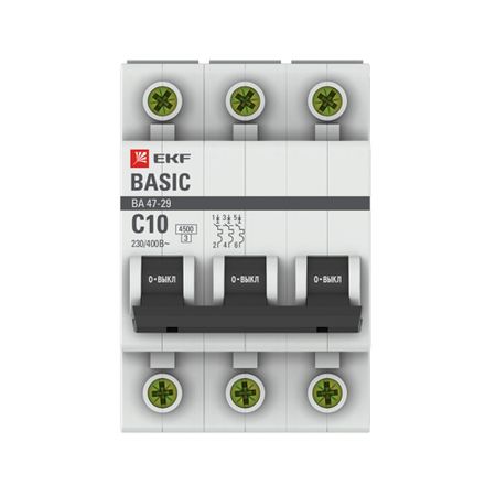 Автоматический выключатель модульный EKF Basic ВА 47-29 3P 10А тип C 4,5 кА 400 В (mcb4729-3-10C) автоматический выключатель модульный ekf basic ва 47 29 2p 6а тип b 4 5 ка 230 в mcb4729 2 06 b