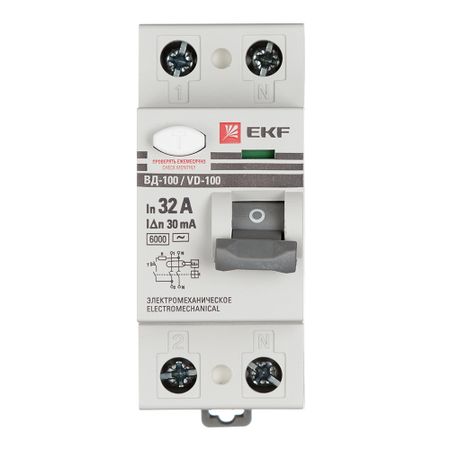 УЗО EKF PROxima ВД-100 32А 1P+N тип AC 30 мА 6 кА (elcb-2-6-32-30-em-pro)