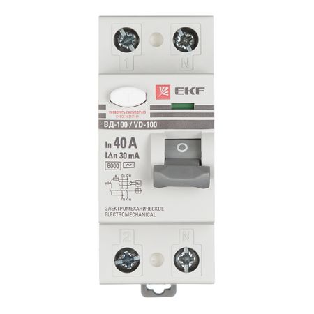 УЗО EKF PROxima ВД-100 40А 1P+N тип AC 30 мА 6 кА (elcb-2-6-40-30-em-pro)