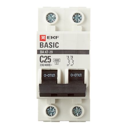 Автоматический выключатель модульный EKF Basic ВА 47-29 2P 25А тип C 4,5 кА 230 В (mcb4729-2-25C) автоматический выключатель модульный ekf basic ва 47 29 2p 6а тип b 4 5 ка 230 в mcb4729 2 06 b