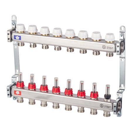 Коллекторная группа с расходомерами нержавеющая сталь Stout 1 ВР(г) х 8 выходов 3/4 НР(ш) ЕК х 1 ВР(г) коллекторная группа с расходомерами ридан ssm 9rf 1 вр г х 9 выходов 3 4 нр ш ек х 1 вр г