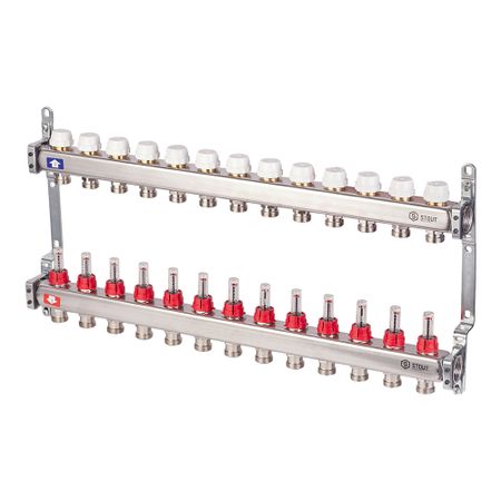 Коллекторная группа с расходомерами нержавеющая сталь Stout 1 ВР(г) х 13 выходов 3/4 НР(ш) ЕК х 1 ВР(г) коллекторная группа с расходомерами ридан ssm 9rf 1 вр г х 9 выходов 3 4 нр ш ек х 1 вр г