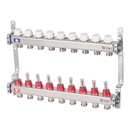 Коллекторная группа с расходомерами нержавеющая сталь Stout 1 ВР(г) х 9 выходов 3/4 НР(ш) ЕК х 1 ВР(г) коллекторная группа с расходомерами ридан ssm 9rf 1 вр г х 9 выходов 3 4 нр ш ек х 1 вр г