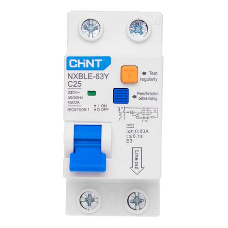 Автомат дифференциальный Chint NXBLE-63Y 25А 1P+N тип AC 30 мА 4,5 кА компактный (105544)