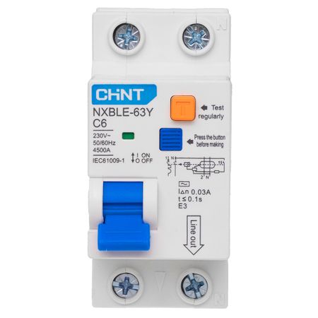 Автомат дифференциальный Chint NXBLE-63Y 6А 1P+N тип AC 30 мА 4,5 кА компактный (105540)