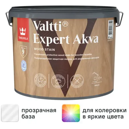 Антисептик защитно-декоративный Tikkurila Valtti Expert Akva полуматовый база EP бесцветный 9 л