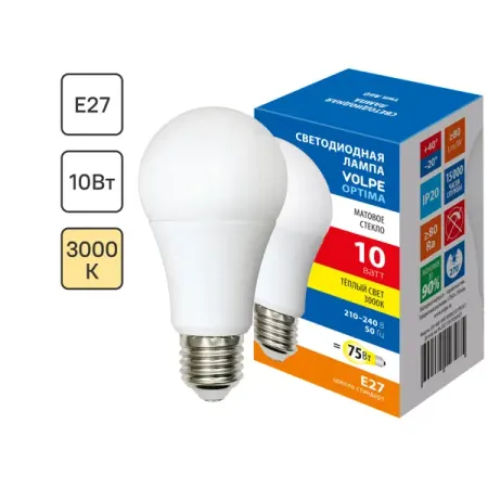 Лампа светодиодная Volpe E27 210-240 В 10 Вт груша матовая 800 лм теплый белый свет