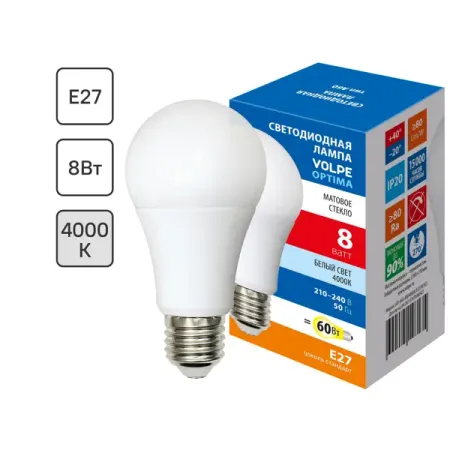 Лампа светодиодная Volpe E27 210-240 В 8 Вт груша матовая 640 лм, нейтральный белый свет