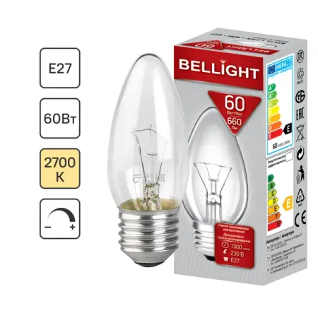Лампа накаливания E27 230 В 60 Вт свеча прозрачная 660 лм, тёплый белый свет
