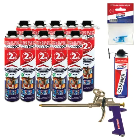 Комплект Polynor для теплоизоляции кровли 10 м²: утеплитель (10 шт.), очиститель, угловая насадка, монтажный пистолет