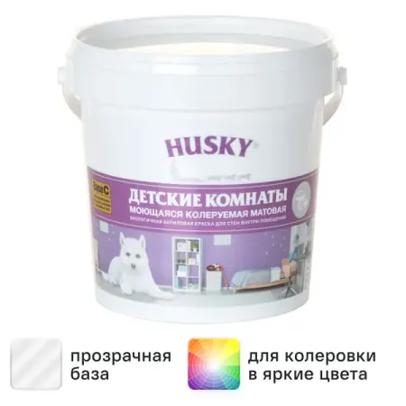 Краска для детских комнат Husky моющаяся матовая прозрачная база С 0.9 л
