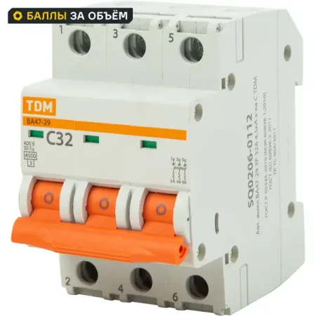 Автоматический выключатель TDM Electric ВА47-29 3P C32 А 4.5 кА SQ0206-0112 автоматический выключатель tdm electric ва47 29 1p c6 а 4 5 ка sq0206 0070