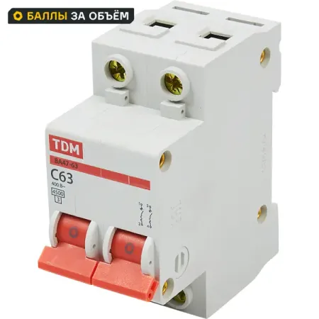 Автоматический выключатель TDM Electric ВА47-63 2P C63 А 4.5 кА SQ0218-0016