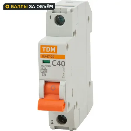 Автоматический выключатель TDM Electric ВА47-29 1P C40 А 4.5 кА SQ0206-0078 автоматический выключатель tdm electric ва47 29 1p c6 а 4 5 ка sq0206 0070